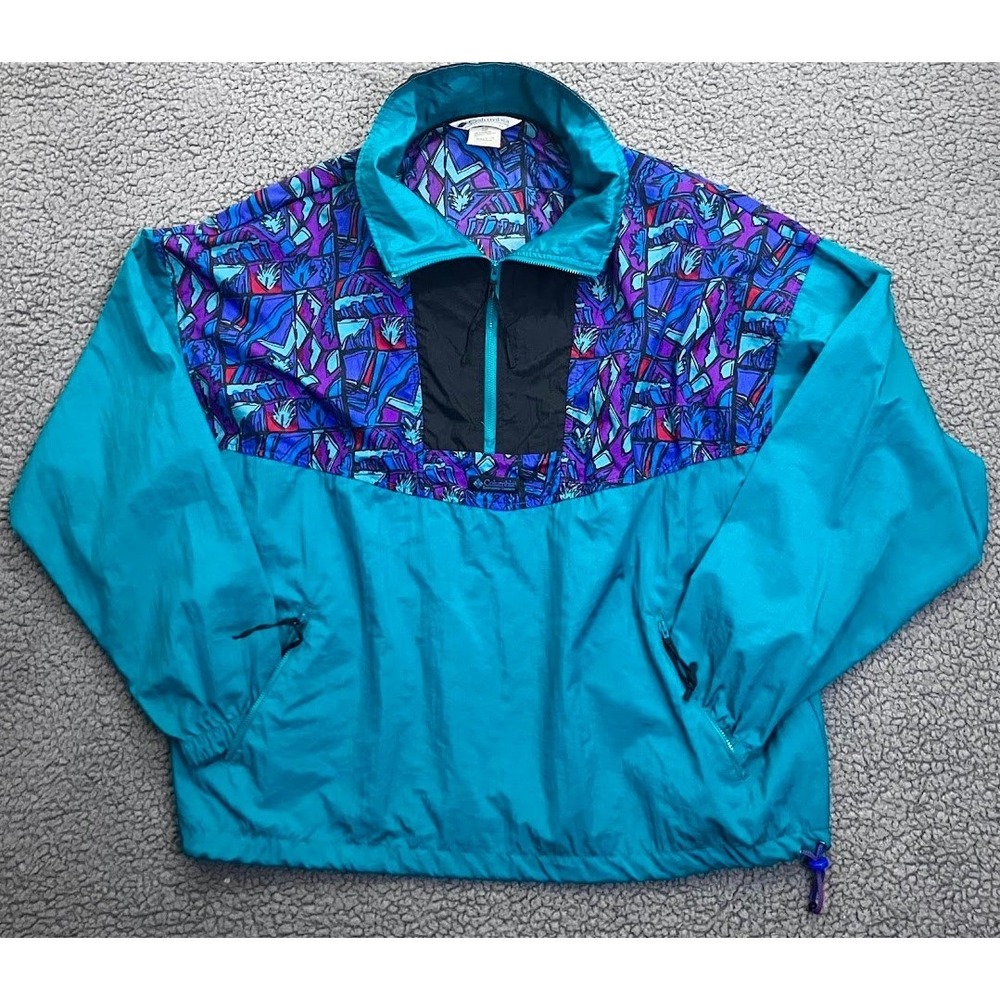 Vintage Columbia Isle Cove Anorak Jacket Mens Large L 90s Teal Geometric 1/2 Zip